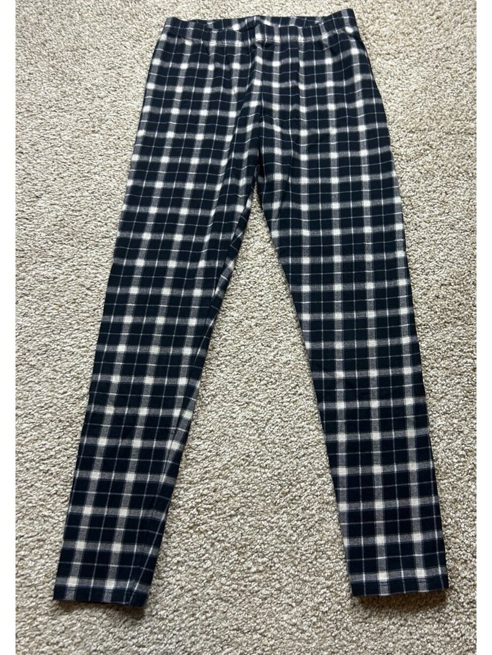 Girls Black White Plaid Fleece Lined Leggings Warm Stretch Winter Pants Sz 10/12